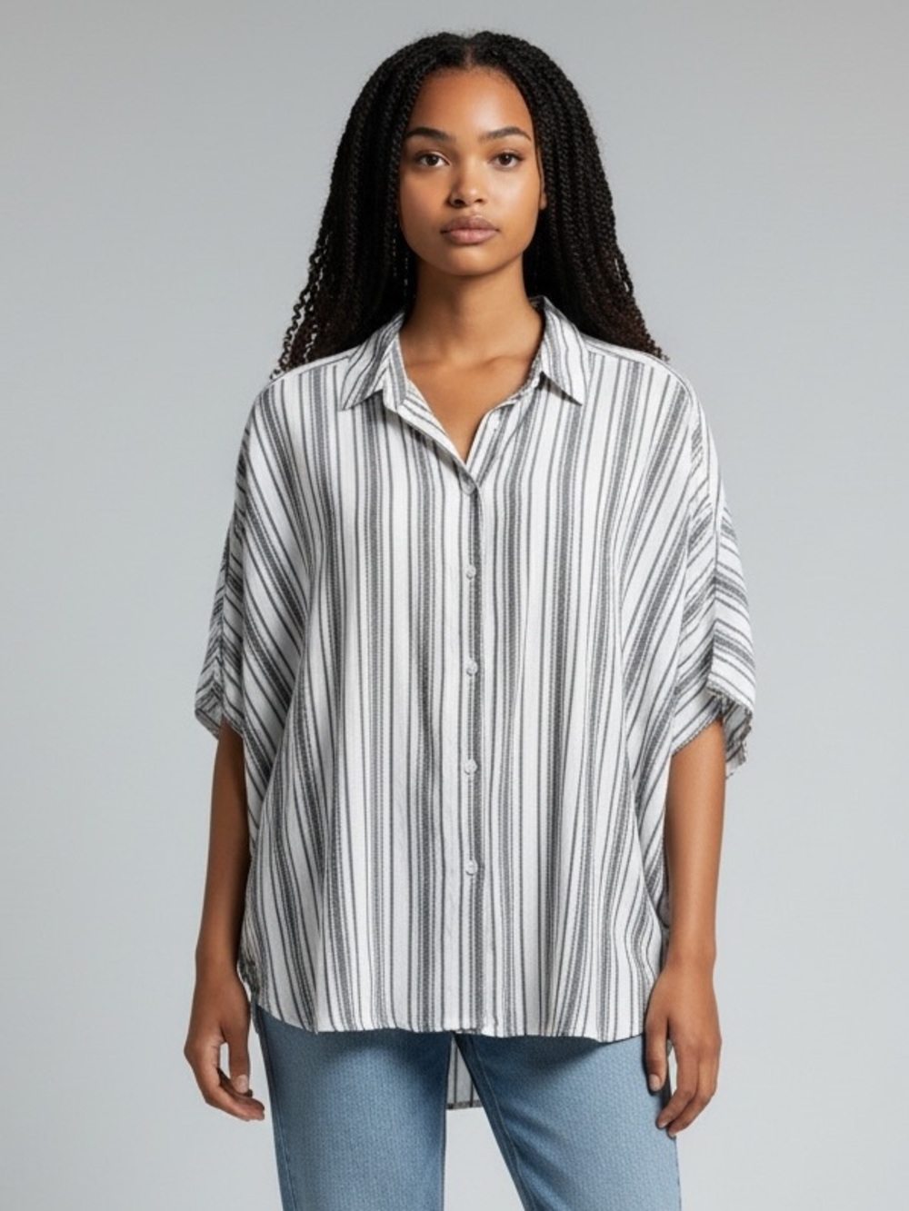 Relaxed Grey & White Striped Button-Down Shirt Free Heart